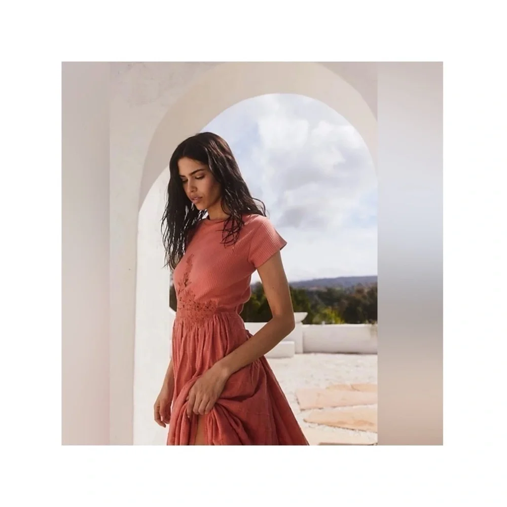 NWT Free People x Revolve Coral Open Back Short Sleeve High Slit Maxi Dress M - Picture 9 of 10